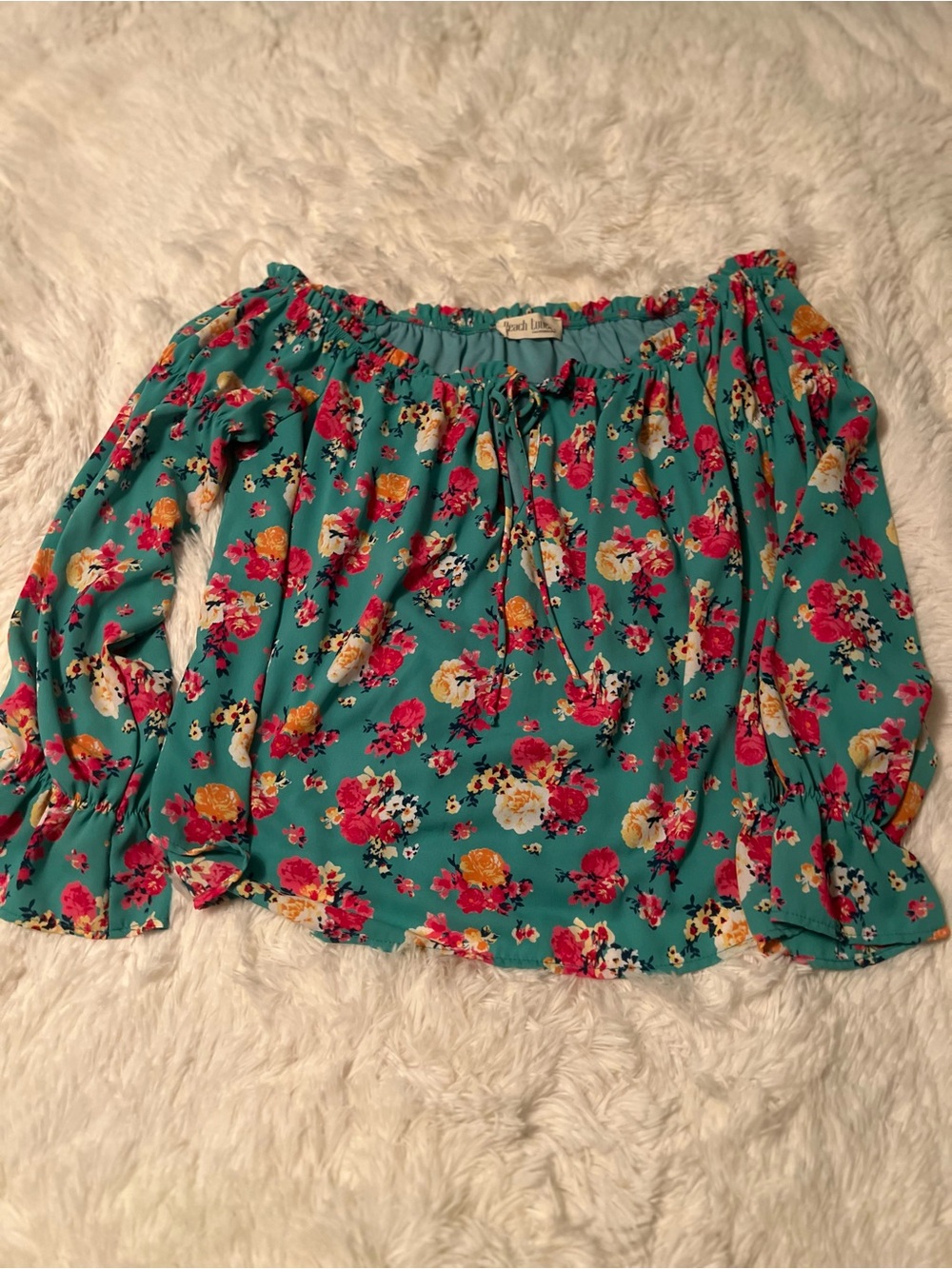 Peach Love California Teal Floral Off-Shoulder Peasant Top
